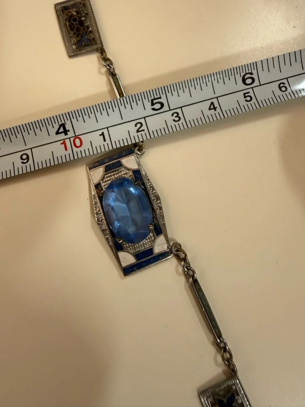Antique Art Deco 1920 Blue Checho Glass Guilloche enamel choker Necklace - Picture 9 of 17